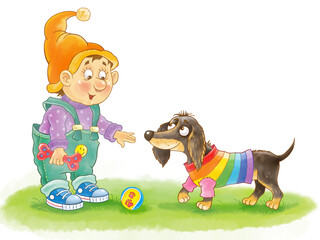 Our favorite pets. A cute and funny gnome with his favorite dog. Dachshund. Illustration for children. Cute and funny cartoon characters. Character design. 
