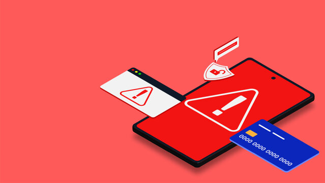 Mobile fraud warning concept with smartphone and credit or debit card isometric. Internet phishing, online scam alert and cyber fraud warning