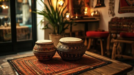 Naklejka premium Two decorative drums on a patterned rug in a cozy, culturally rich interior space.