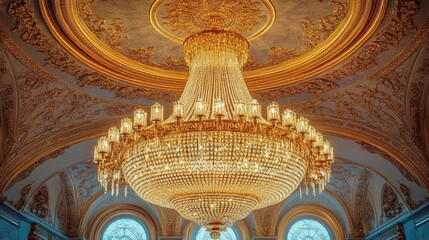Naklejka premium Craft a mesmerizing image featuring a gleaming gold chandelier in intricate detail, hanging elegantly from a richly adorned ceiling, showcasing opulent lightings allure
