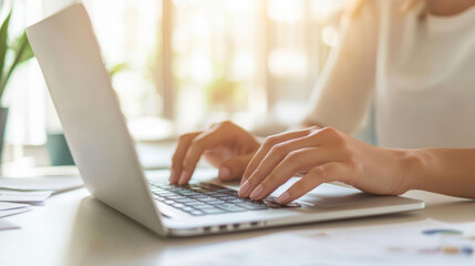 Businessman typing on a laptop keyboard at a white office desk, close-up of hands with a tie and suit, working in a modern technology lifestyle concept.