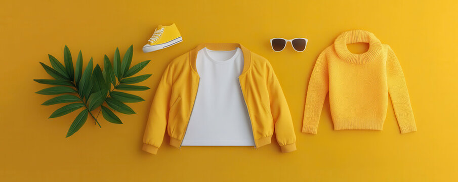 Stylish yellow clothing and accessories on bright yellow background