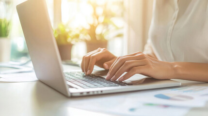 Businessman typing on a laptop keyboard at a white office desk, close-up of hands with a tie and suit, working in a modern technology lifestyle concept.