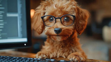 A small dog with fluffy fur and glasses gazes intently at a computer, adding a touch of charm to the workspace