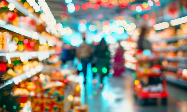 A festive supermarket decorated with garlands, unfocused background of the store. Shoppers with a shopping basket in a supermarket against the background of store shelves and products with festive dec
