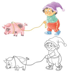 Our favorite pets. A cute and funny gnome with his favorite piglet. Illustration for children. Cute and funny cartoon characters. Character design. 
