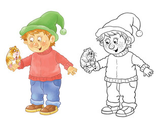 Our favorite pets. A cute and funny gnome with his favorite hamster. Illustration for children. Cute and funny cartoon characters. Character design. 