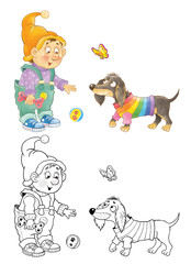 Our favorite pets. A cute and funny gnome with his favorite dog. Dachshund. Illustration for children. Cute and funny cartoon characters. Character design. 