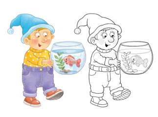 Our favorite pets. A cute and funny gnome with his favorite aquarium fish . Illustration for children. Cute and funny cartoon characters. Character design. 