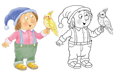 Our favorite pets. A cute and funny gnome with his favorite parrot. Cockatiel. Illustration for children. Cute and funny cartoon characters. Character design. 