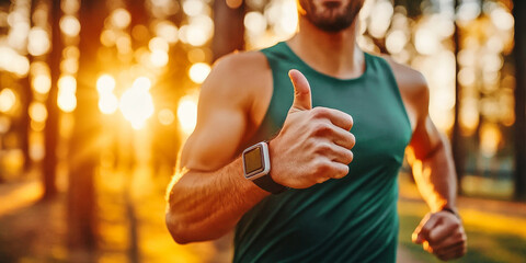 Fototapeta premium Runner giving a thumbs-up while jogging in a green tank top at sunset in a park