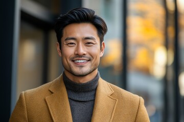 Obraz premium Happy asian businessman looking at camera and smiling, male freelancer outside office, Generative AI