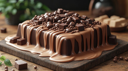 A rich chocolate dessert topped with melted ganache and assorted chocolate pieces, presented on a wooden board, inviting a sweet indulgence