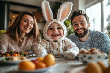 Happy family having Easter dinner together in their home, Generative AI