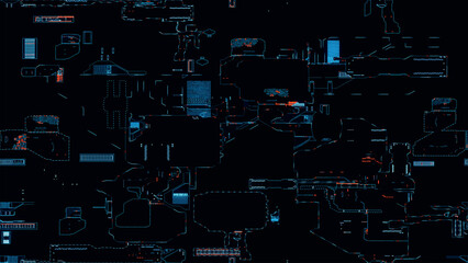 Printed circuit board. Visualization of printed circuit board processor chip, digitalization of neural networks and cloud computing. Digital pulses transmit data. Electronic circuit board operation 