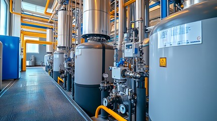 An image showcasing a chemical dosing station with large tanks and automated pumps dispensing chemicals into the treatment process. The setup is highly organized