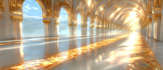 Golden Pathway to Heaven: A celestial hallway with golden arches and a gleaming path, bathed in ethereal light, suggests a journey towards enlightenment and divine presence.