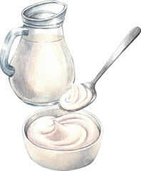 A jug of almond milk and a bowl of Greek yogurt with a spoonful scooped out, hand-drawn watercolor illustration