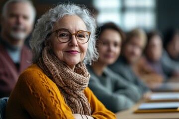 Group of seniors attending IT class in community centre with teacher, Generative AI