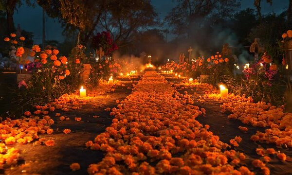 The path to the cemetery for spirits, made of orange petals and candles, is a traditional Mexican day of the dead