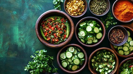A table with bowls of pickled cucumbers and various spices, set against a green backdrop.