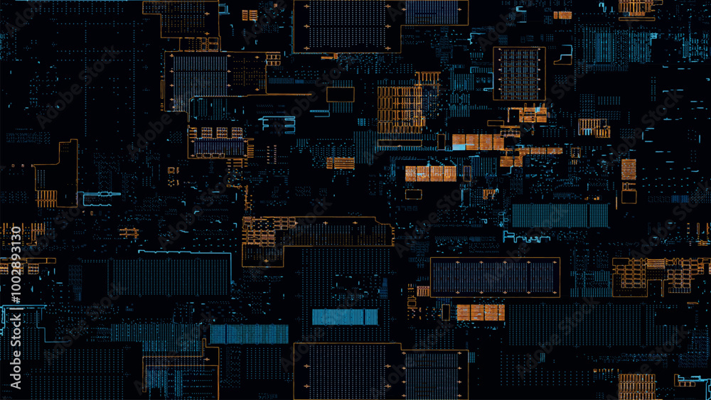 Poster printed circuit board. visualization of printed circuit board processor chip, digitalization of neur