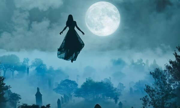 A mysterious woman in a dress takes off and hovers over the night cemetery, witch, floating female figure against the background of the moon