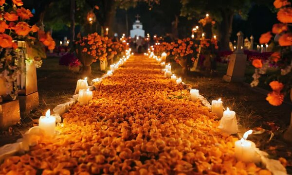The path to the cemetery for spirits, made of orange petals and candles, is a traditional Mexican day of the dead