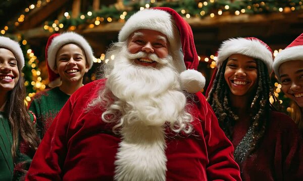 Happy Santa Claus and his helpers elves