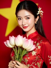Fototapeta premium Portrait of a smiling asian woman in a red traditional costume holding lotus flowers, with the Vietnam flag in the background, taken in natural light