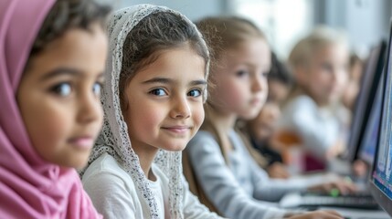 Diverse group of young school girls using computers in a classroom setting
