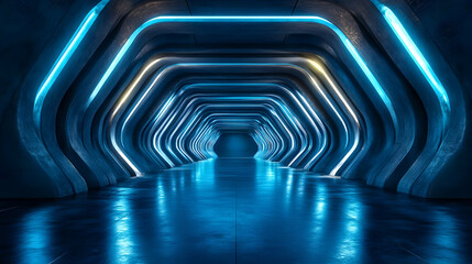 Naklejka premium 3D Futuristic Corridor with Blue Neon Lights Abstract Background
