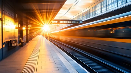 Obraz premium Speeding train in a contemporary station, with long shadows and sunlight.