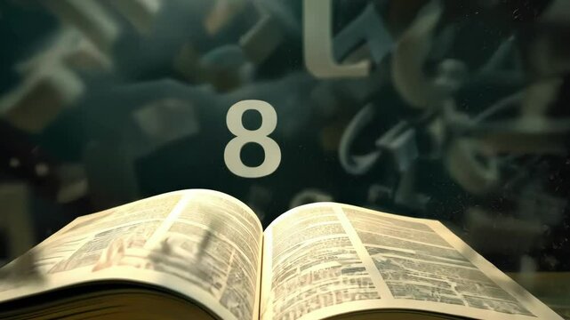 Open book with dynamic 3d letters and numbers flying in motion
