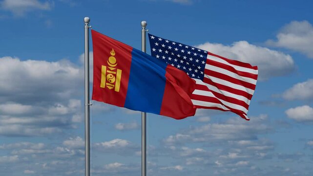 USA and Mongolia flags flying together, video concept of the relationship, two country cooperation concept