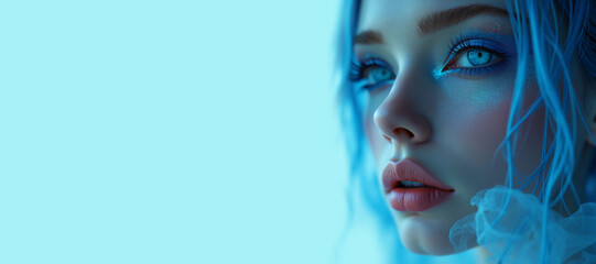 Portrait of a girl with blue hair and blue eyes.