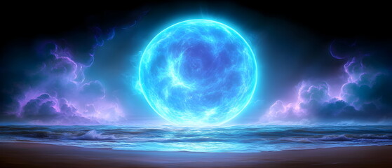 Fototapeta premium Mystical Portal of Energy: A vibrant blue energy orb pulses in the center of the frame, nestled between a turbulent, stormy sky and a surging ocean.