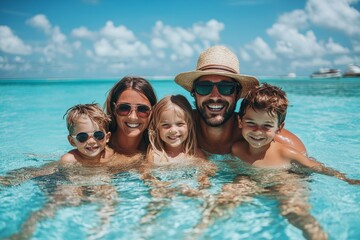 Happy family with little son enjoying time in sea in exotic country, Generative AI