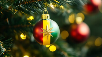 macro shot of a christmas tree decoration with the guinean flag on a glass ball, set against a blurred background, captured in high-resolution with sharp detail, reflecting festive spirit and national