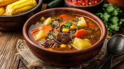 Caldo de Res is a rich beef soup packed with vegetables like corn, potatoes, carrots, and cabbage. It's seasoned with herbs and spices for a flavorful taste.