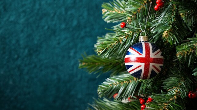 close-up of a christmas tree with a british flag on a dark blue fabric background, captured with high-resolution photography, showcasing the soft lighting and sharp details of the holiday decor 
