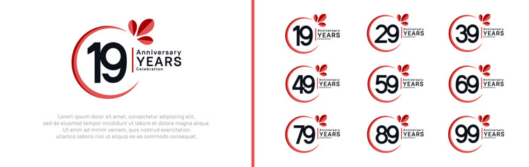 anniversary logotype set. vector design black color with red ring and leaf for special moment