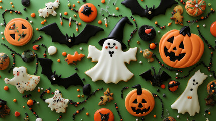 Fototapeta premium Ghost, pumpkin, bat, and witch hat cookies, all homemade, were arranged on a green background with candy beads and decorations.