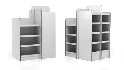 Retail cardboard gondola shelving mockup. Temporary POS. 3d illustration set on white background © Wire_man