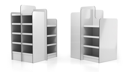Retail cardboard gondola shelving mockup. Temporary POS. 3d illustration set on white background © Wire_man