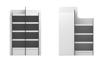 Retail cardboard gondola shelving mockup. Temporary POS. 3d illustration set isolated on white