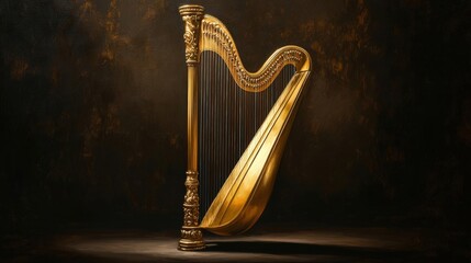 Illustrate a traditional oil painting of a golden harp standing alone on a dark stage, exuding a sense of luxury and musical enchantment