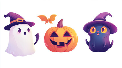 Obraz premium Halloween clipart with ghost, pumpkin, black cat and witch hat. Vector cartoon cute characters with scary smile and boo expression. Fall party cosplay costume sticker set. Magic creature png render&nbsp;