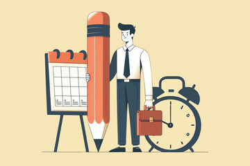 businessman standing holding pencil checking work schedule next to alarm clock