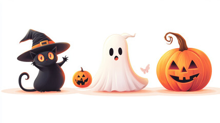 Obraz premium Halloween clipart with ghost, pumpkin, black cat and witch hat. Vector cartoon cute characters with scary smile and boo expression. Fall party cosplay costume sticker set. Magic creature png render&nbsp;